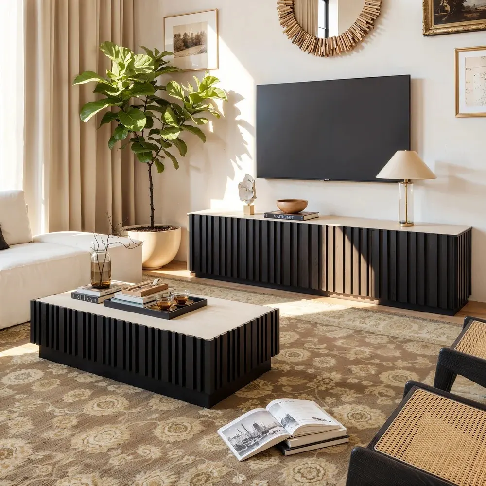 Aura Fluted TV Stand & Coffee Table Set