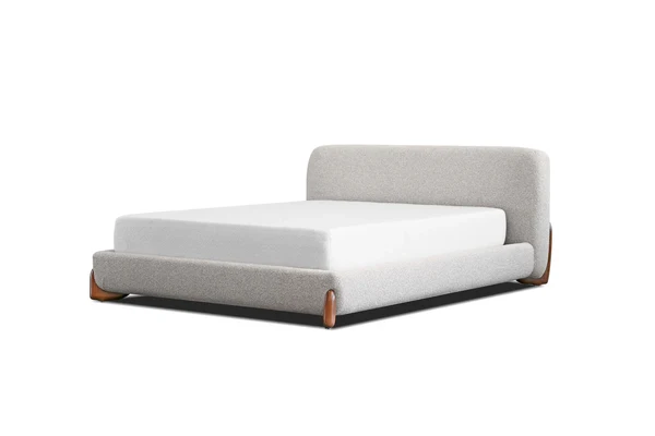 Mesa Upholstered Queen Bed – Oat Tweed Bed with Walnut Accent Legs