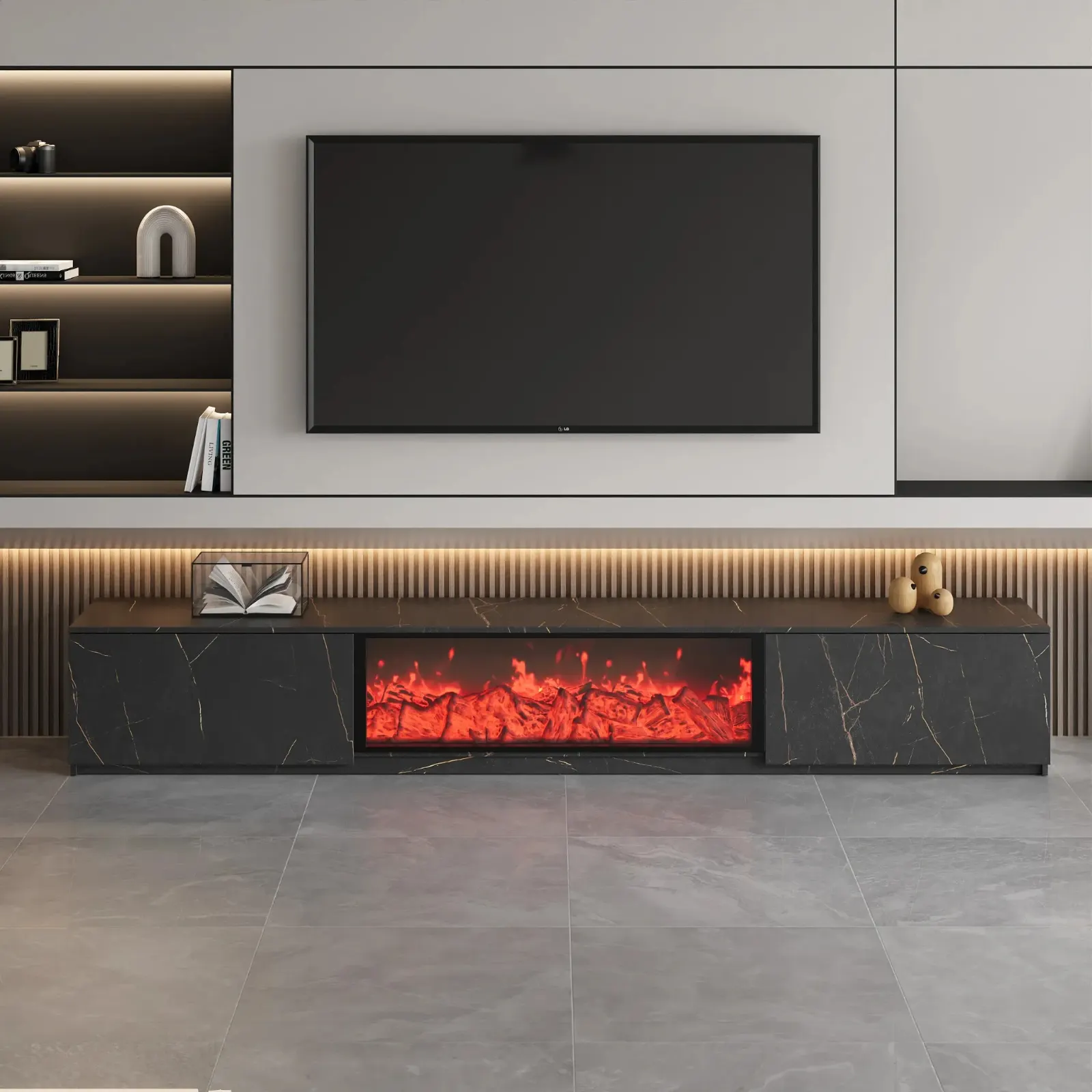 Modern Marble Fireplace TV Stand with Drawers