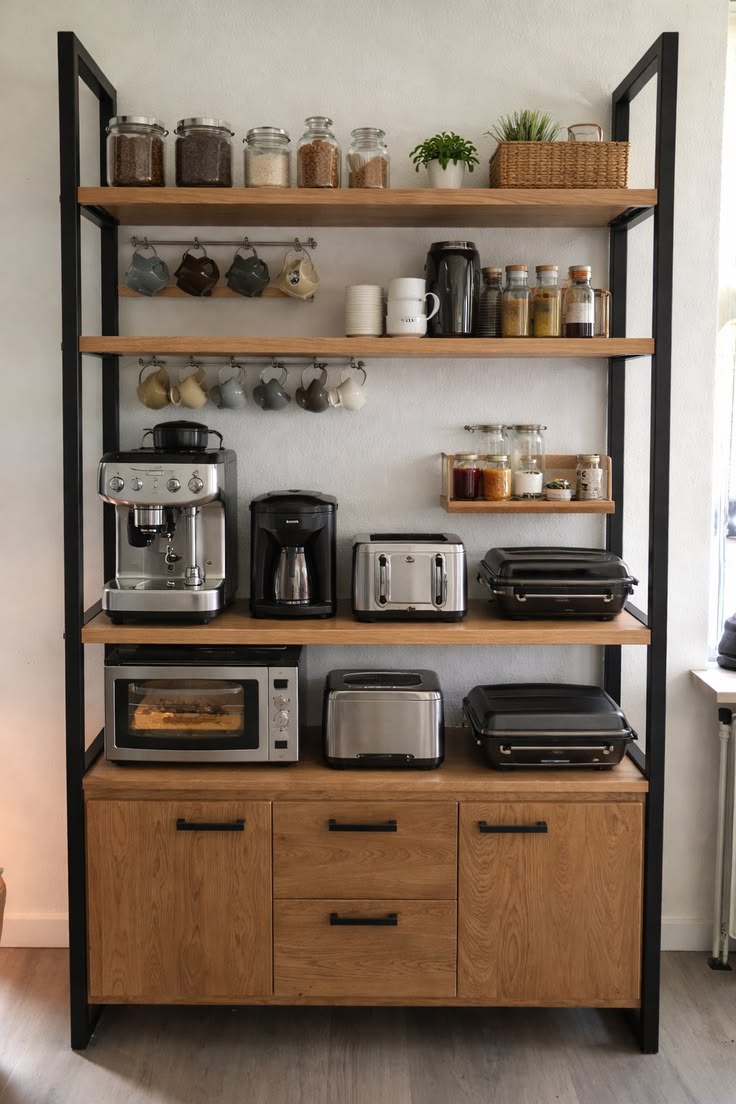 Modern Kitchen Organiser Kenya – Black Metal & Wood Storage Unit