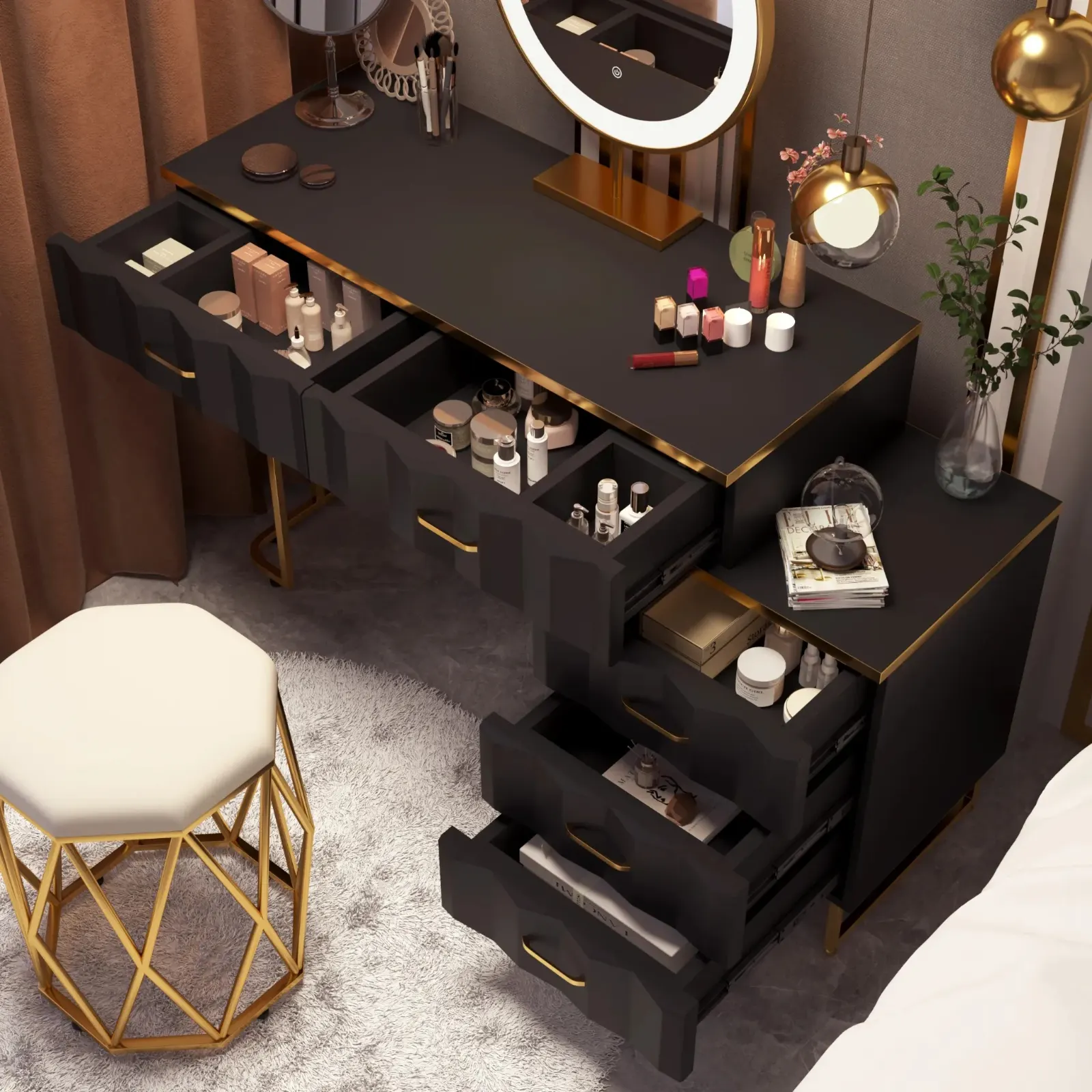 Modern White & Gold Extendable LED Dressing Table with 5 Drawers