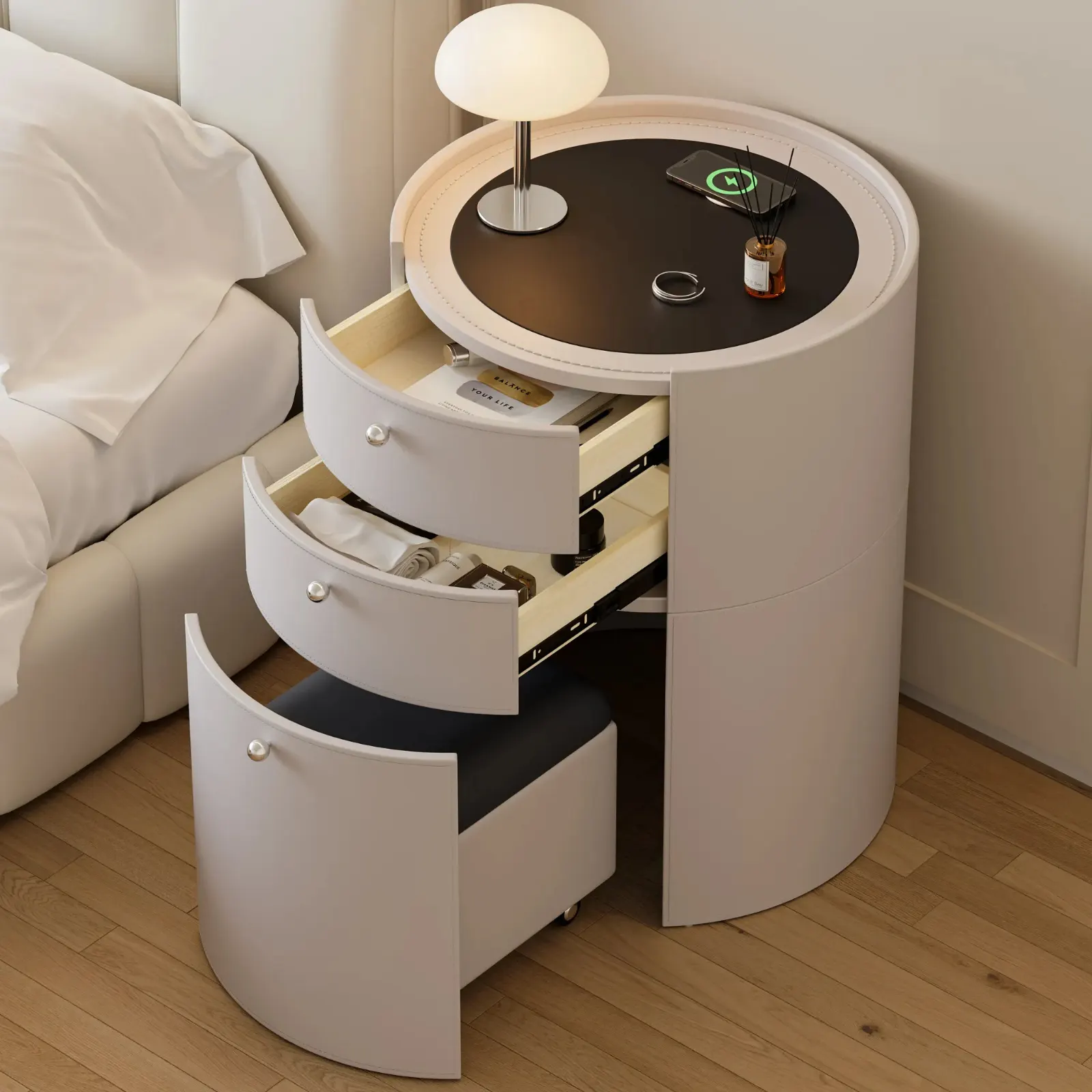 Round Saddle Leather Dressing Table with Charging Station and Tuck-In Stool
