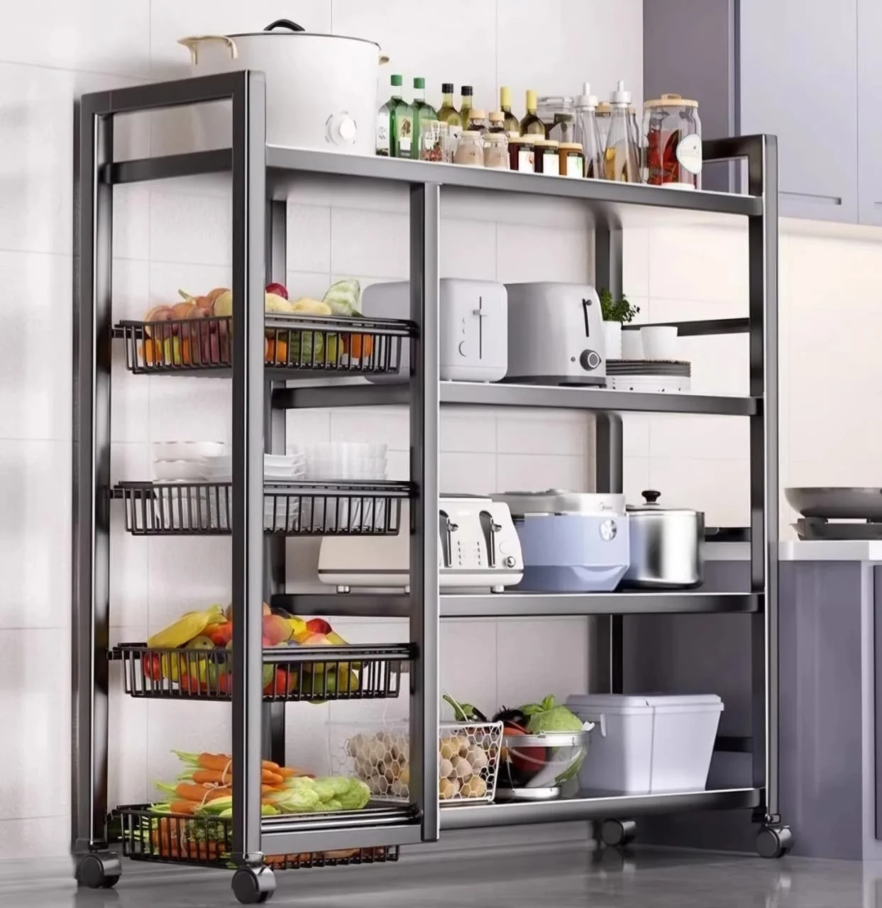 Kitchen Organizer Shelf & Multipurpose Rack with Lockable Wheels