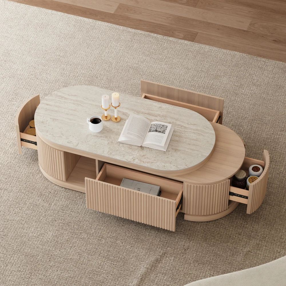 Modern Extendable Oval Coffee Table – Sintered Stone Top, Fluted Storage & 4 Drawers