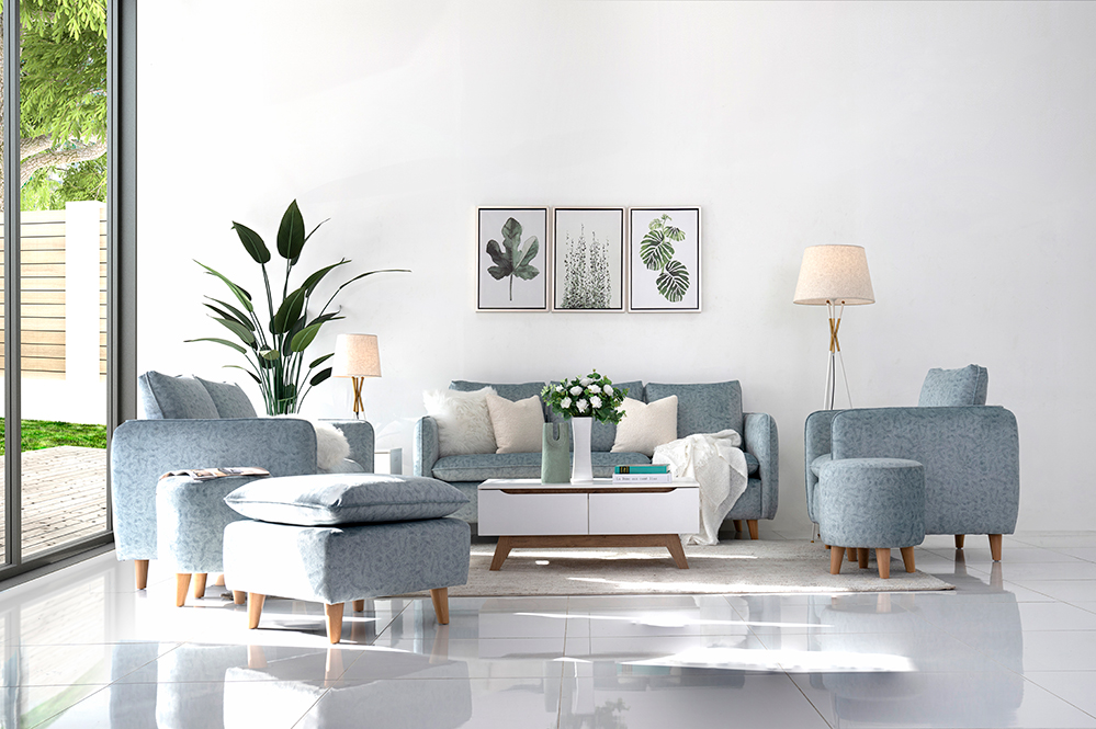 Six-Seater Sofa Set with Three Ottomans