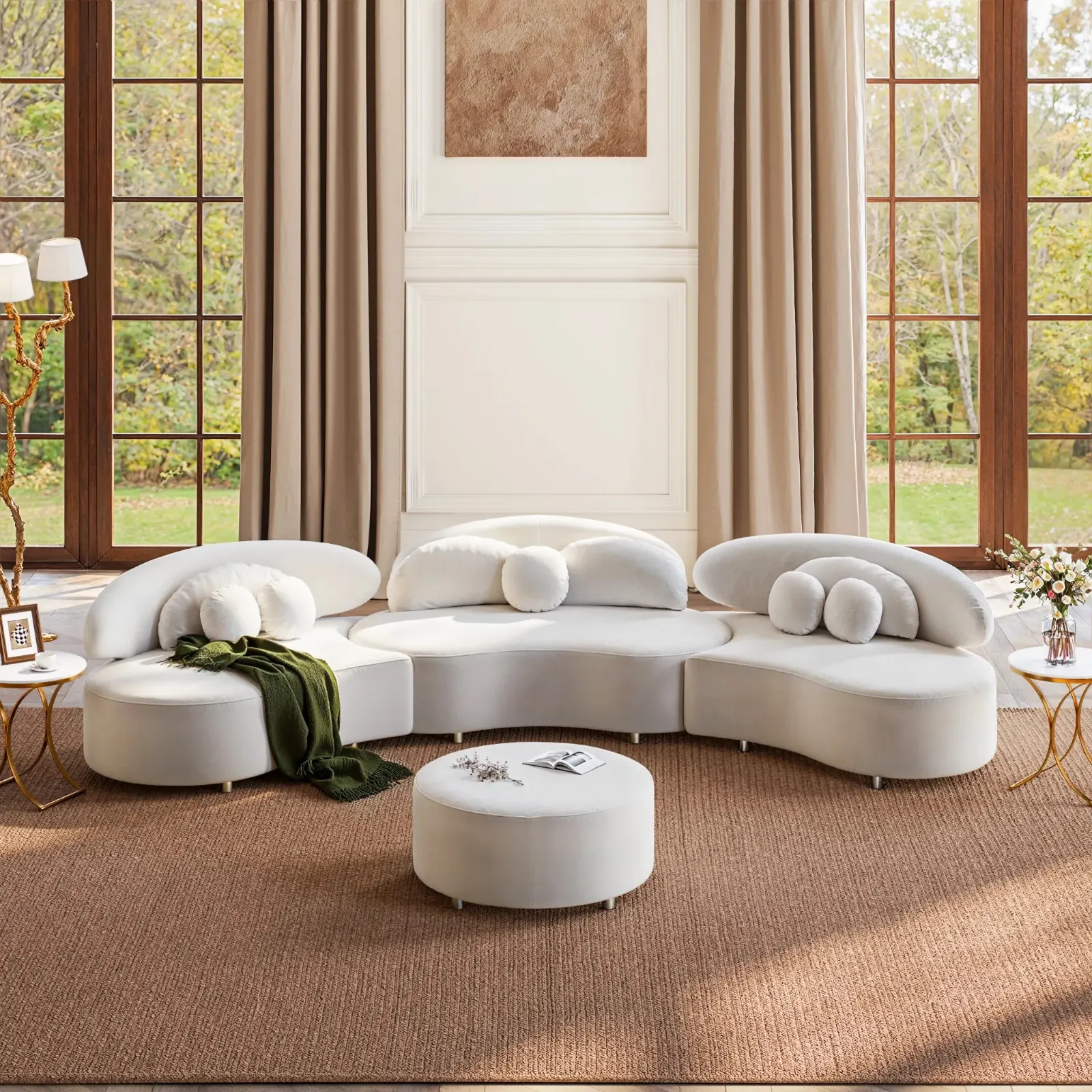 Ivory Curved Bouclé Modular Sectional Sofa with Ottoman
