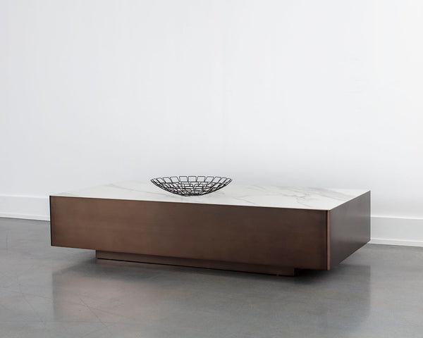 Lenay Coffee Table – White Marble-Look Ceramic Top with Dark Bronze Base