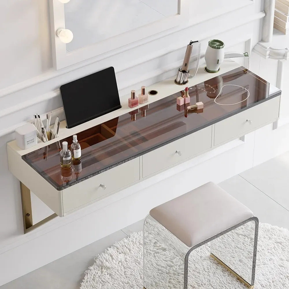 Floating Amber Glass Dressing Table with 3 Drawers