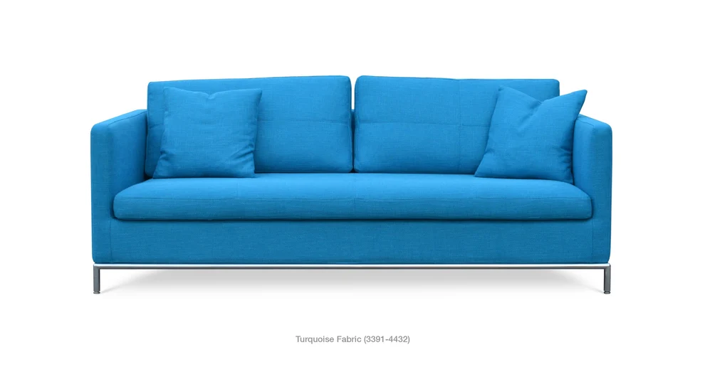 Istanbul Sofa – Blue Upholstered Sofa with Polished Stainless Steel Base