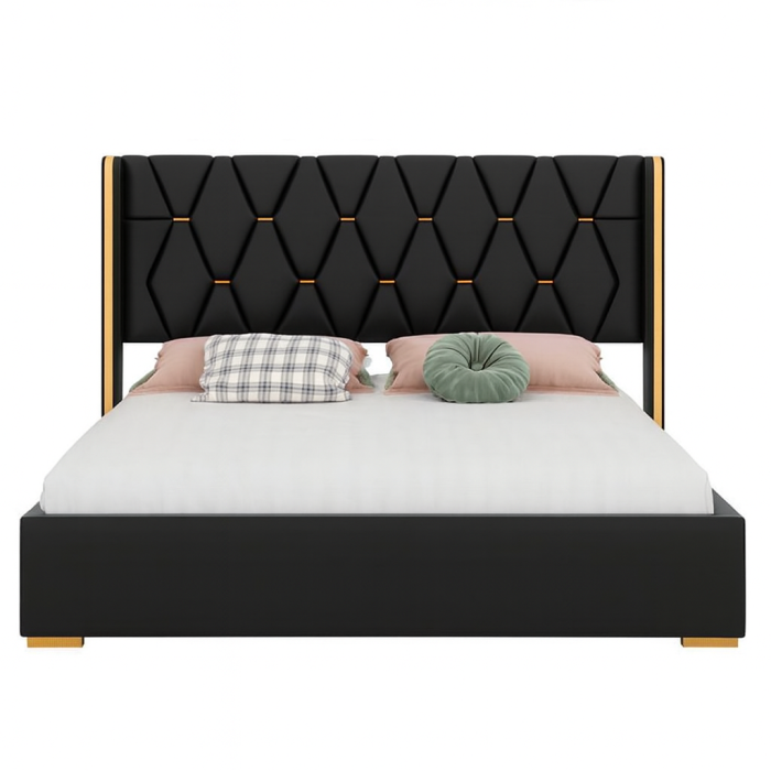Modern Upholstered Bed – Diamond-Patterned Padded Headboard