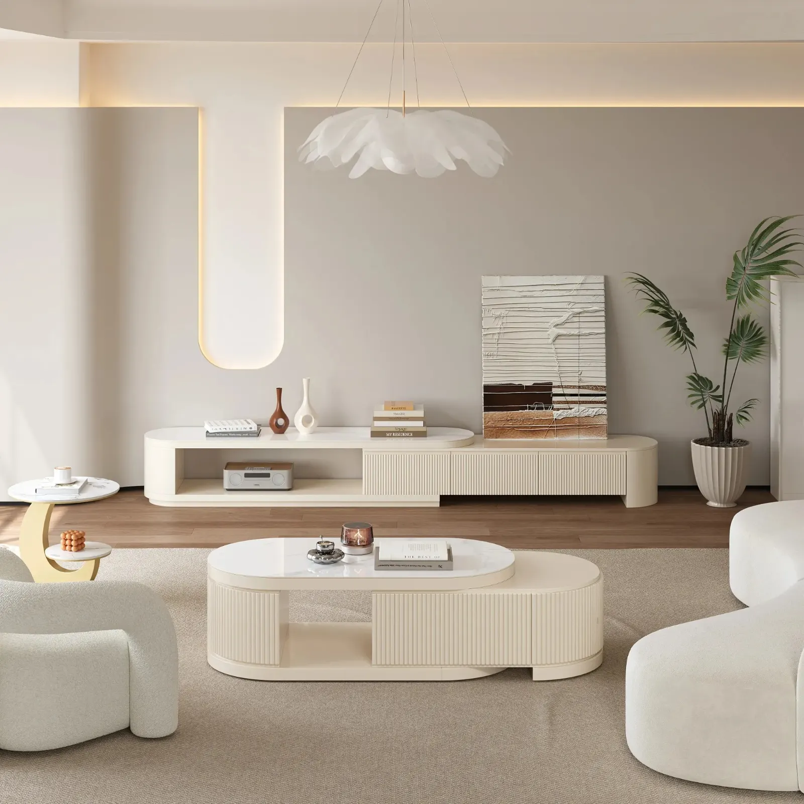 Modern Extendable Fluted TV Stand & Coffee Table Set