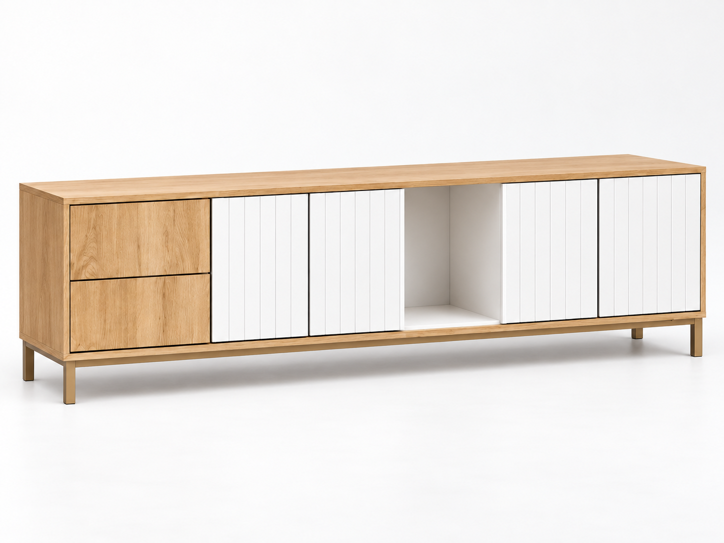 Scandinavian Oak & White Slatted TV Console