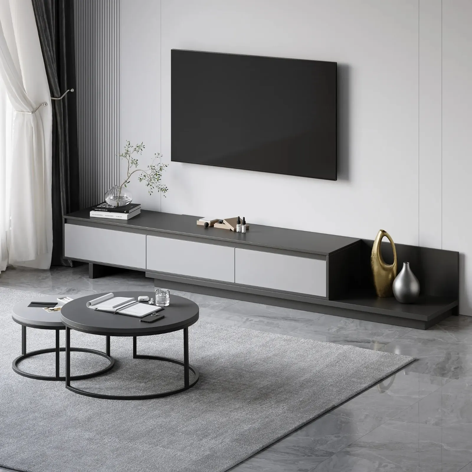 Extendable Walnut TV Stand and Nesting Coffee Table Set