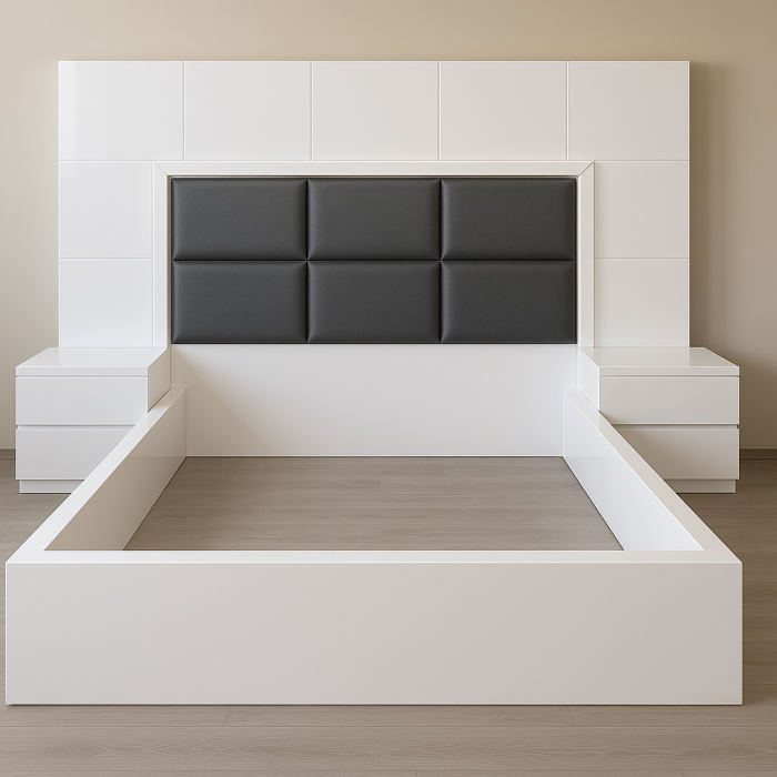 Modern Formica Bed with Upholstered Panel Headboard