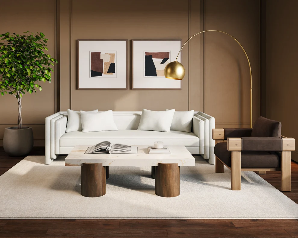 Kira Sofa – Sculptural Heather Ivory Tweed Performance Fabric Sofa