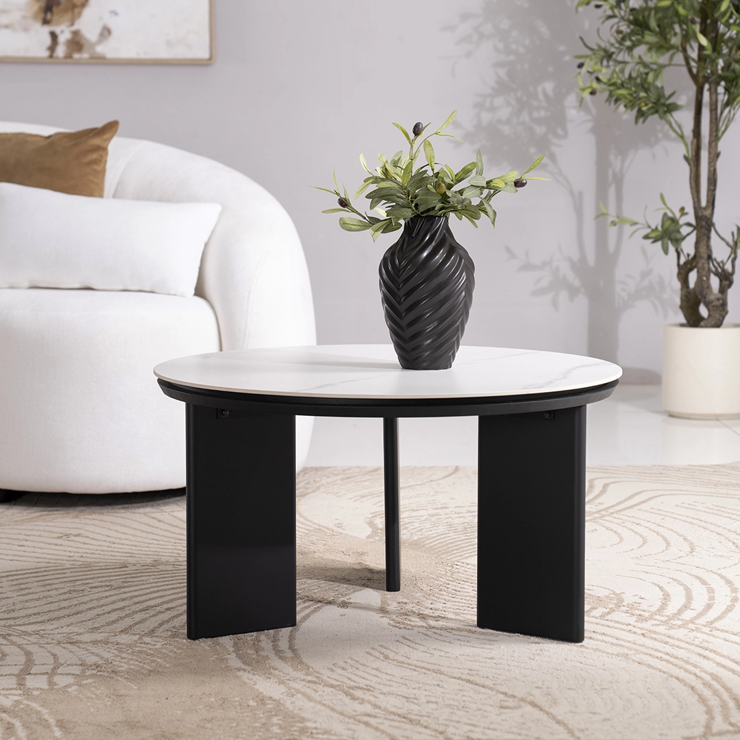 Round Stone-Top Coffee Table