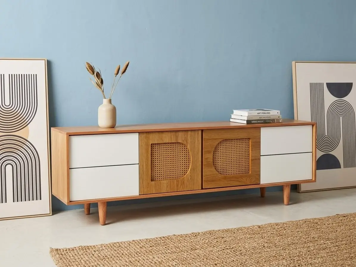 Rattan Cane Mid-Century TV Stand