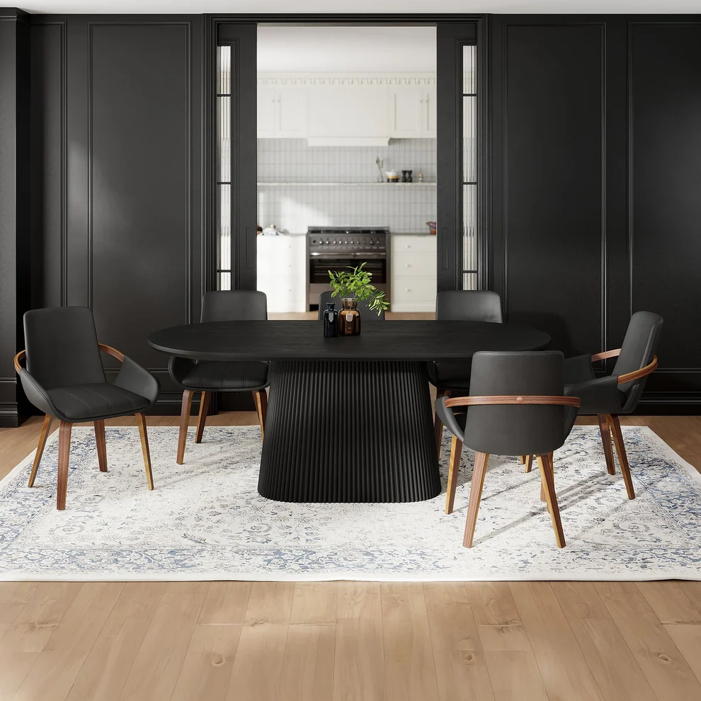 7pc Dining Set – Black Oval Table with Dark Walnut Chairs