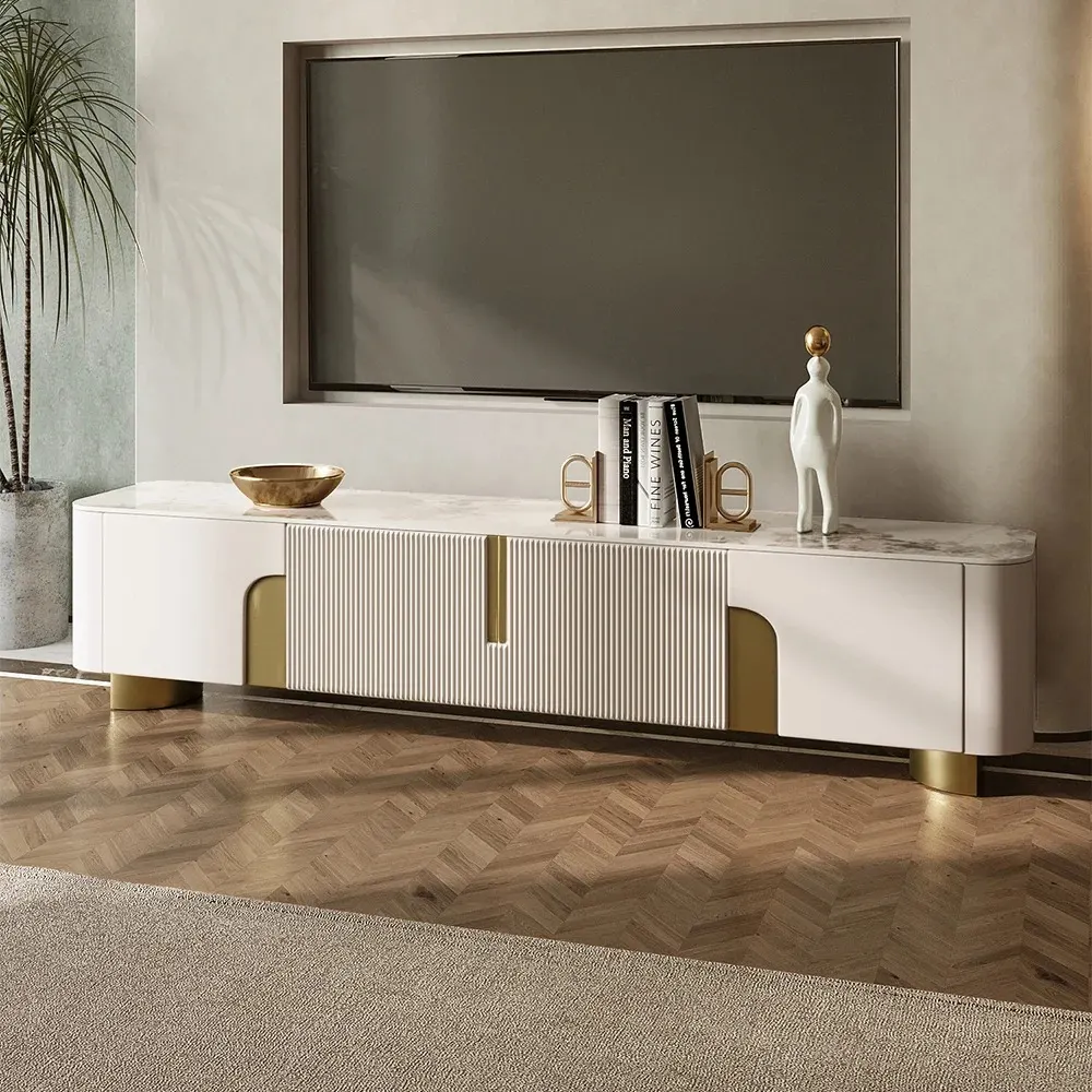 Sintered Stone Fluted TV Stand – Beige & Gold