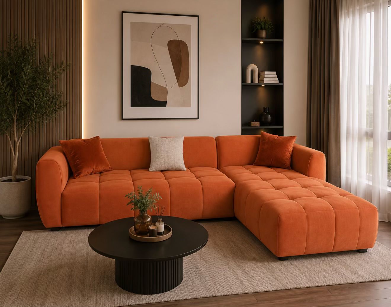 Tufted L Shape Sofa Kenya – Rust Orange Sectional Chaise Sofa