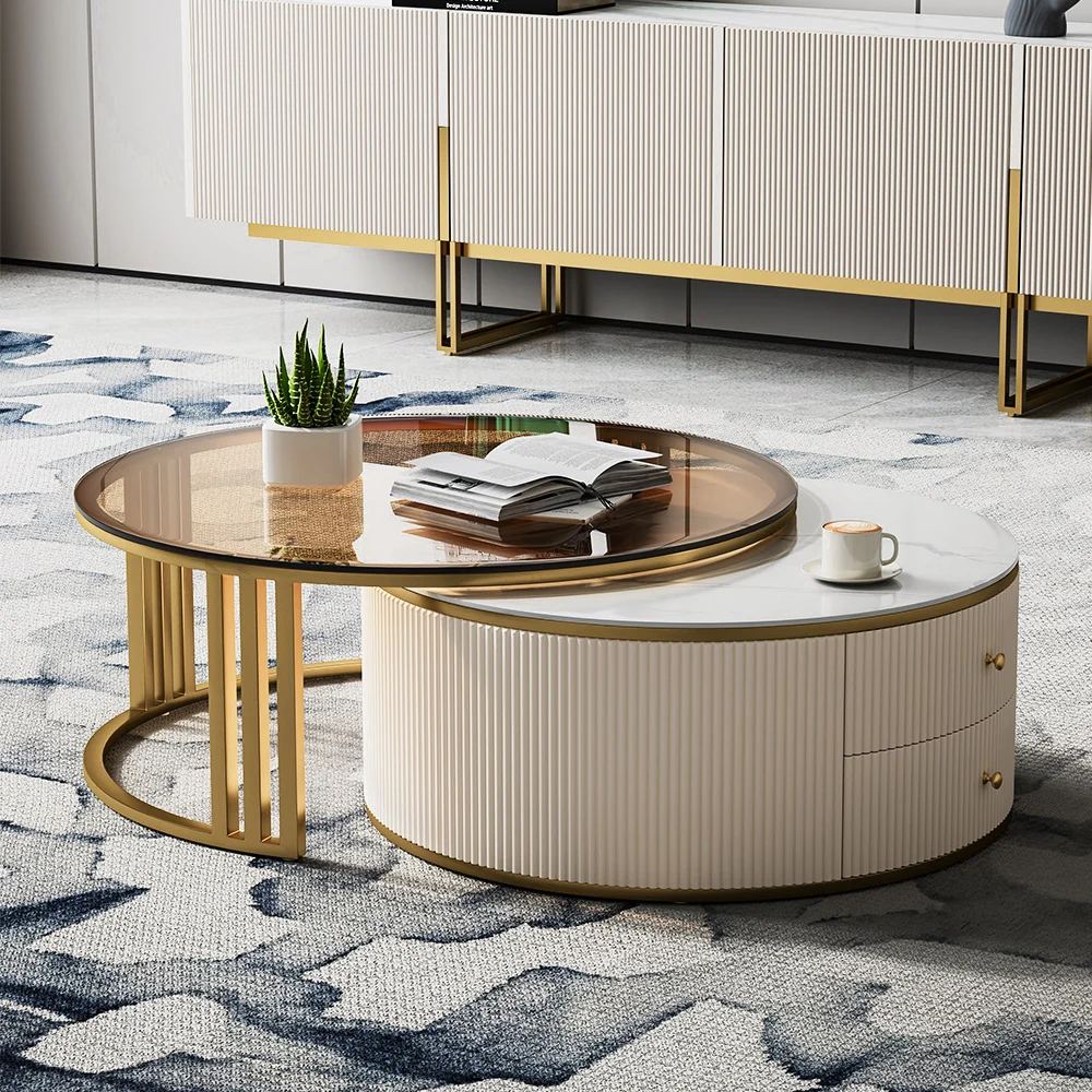 Rotating Nesting Coffee Table – Sintered Stone, Glass Top & 2 Storage Drawers