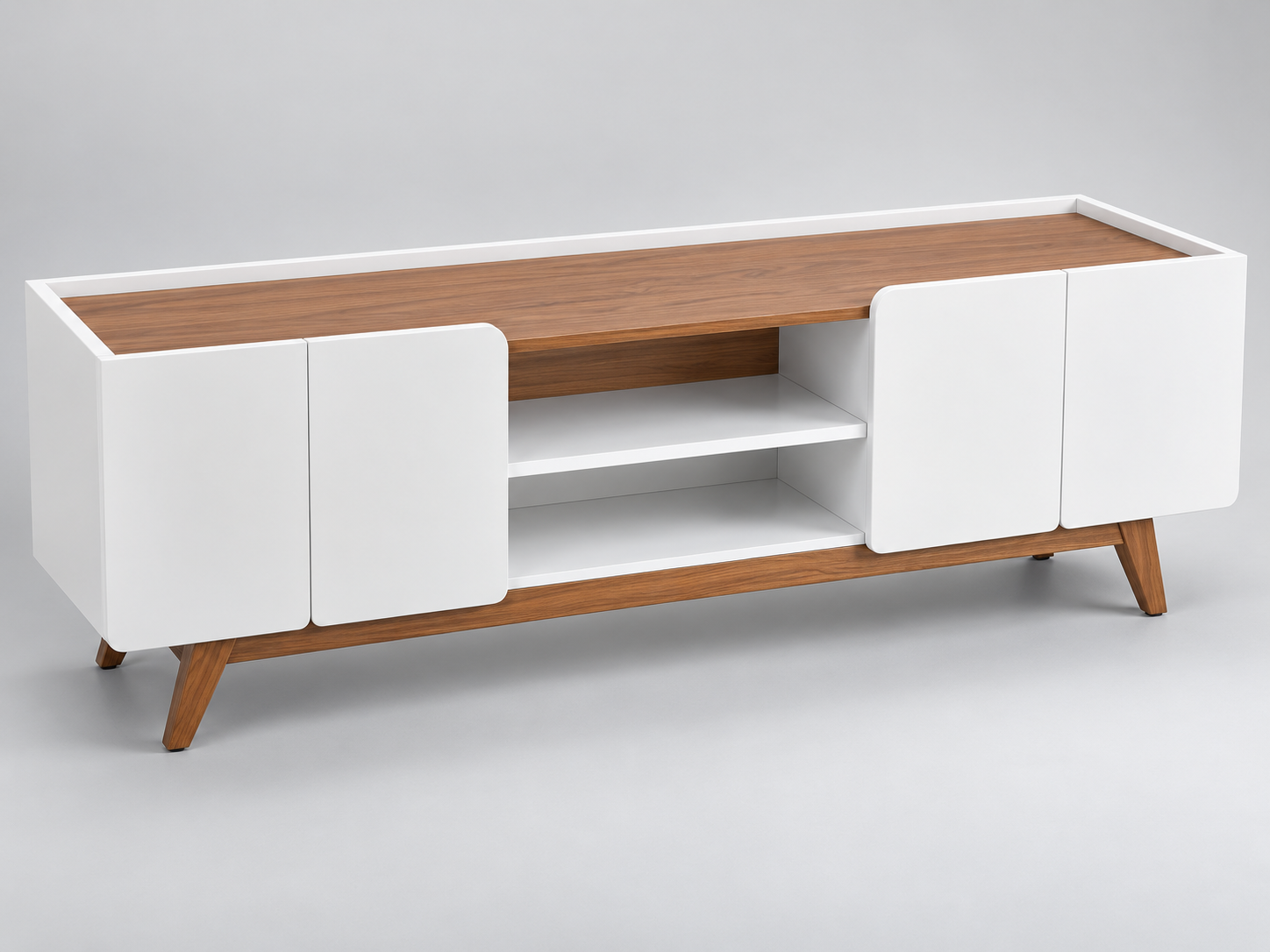 White & Walnut Open-Shelf TV Console